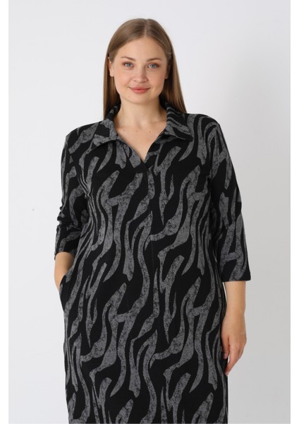 Kadın Büyük Beden Siyah Desenli Likralı Cepli Anvelop Jakarlı Elbise fırsatları