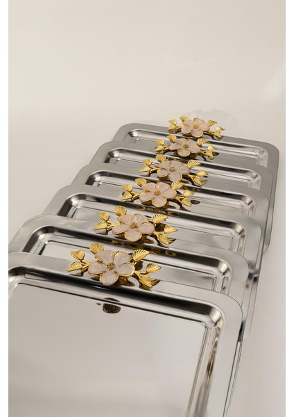 6'lı Lüks Kare Sunum Tepsisi Seti | Altın Renkli Çiçek Kulplu Paslanmaz Çelik 21X21 cm