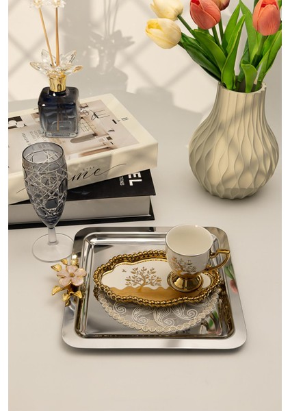 6'lı Lüks Kare Sunum Tepsisi Seti | Altın Renkli Çiçek Kulplu Paslanmaz Çelik 21X21 cm fiyatları