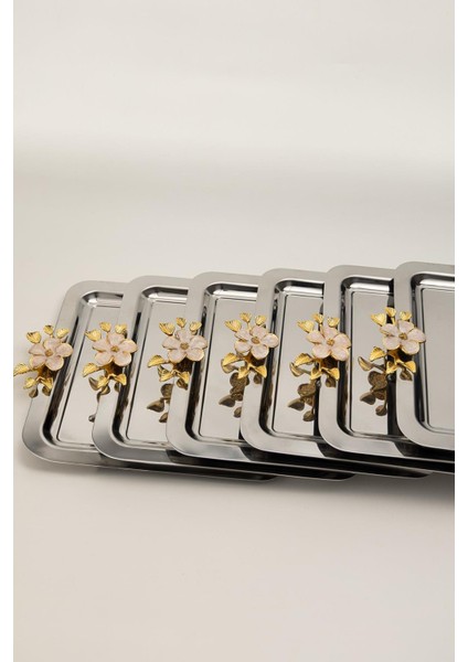 6'lı Lüks Kare Sunum Tepsisi Seti | Altın Renkli Çiçek Kulplu Paslanmaz Çelik 21X21 cm modelleri