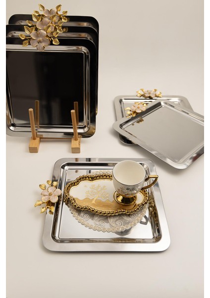 6'lı Lüks Kare Sunum Tepsisi Seti | Altın Renkli Çiçek Kulplu Paslanmaz Çelik 21X21 cm fırsatları