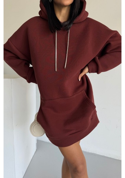 Kadın Kapüşonlu Taş Detaylı Sweatshirt Elbise