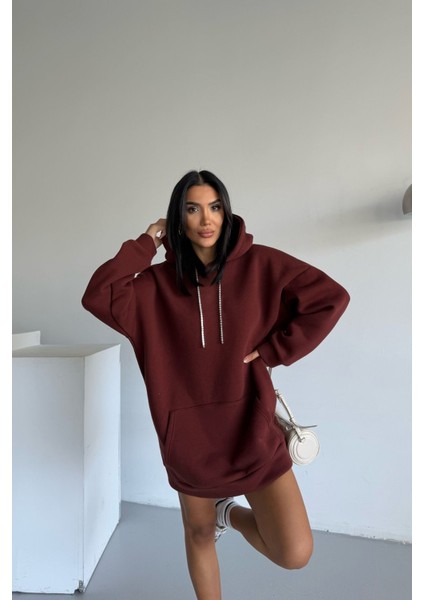 Kadın Kapüşonlu Taş Detaylı Sweatshirt Elbise modelleri