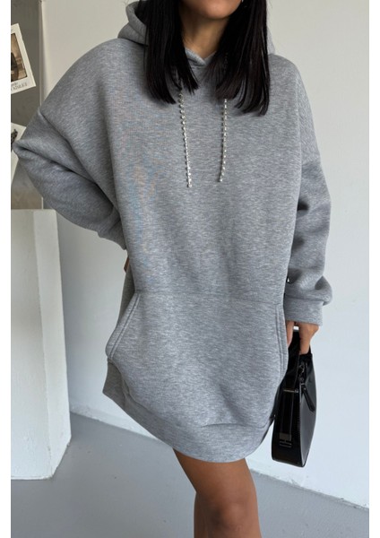 Kadın Kapüşonlu Taş Detaylı Sweatshirt Elbise