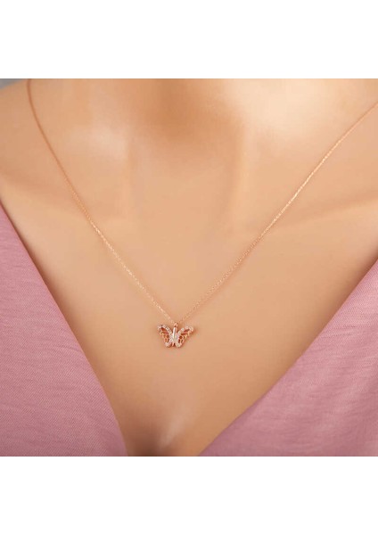 925 Ayar Gümüş Rose Kelebek Kadın Gümüş Kolye
