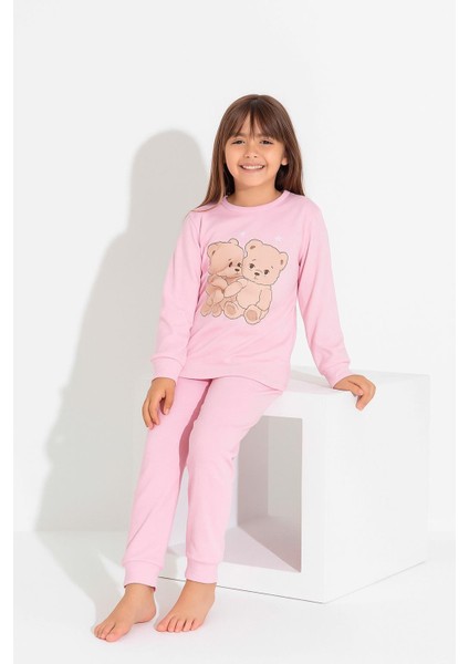Kız Çocuk Uzun Kollu Pamuklu Ayıcık Baskılı Pijama Takımı 8404 Pudra