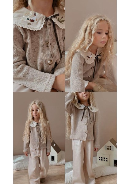 Bej Renkli Kuğu Yaka Kız Çocuk Triko Hırka ve Pantolon Takım 6005 modelleri