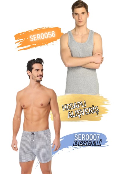 Erkek Ribana Spor Atlet ve Desenli Boxer Takım 6'lı Set (12 Parça) SER0058 - SER0007