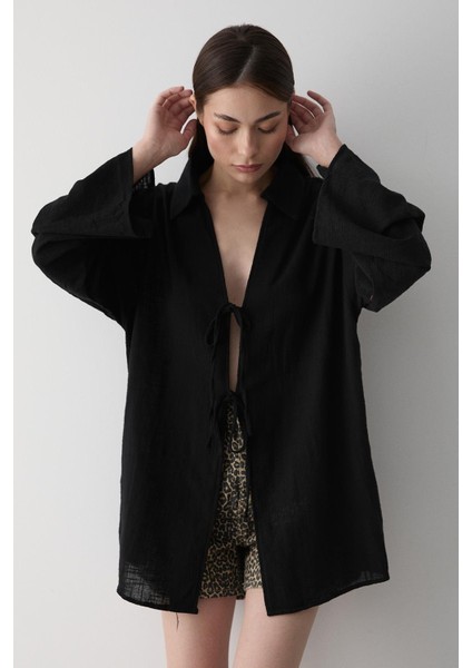 Siyah %100 Pamuk Keten Bağcık Detaylı Kimono Bluz