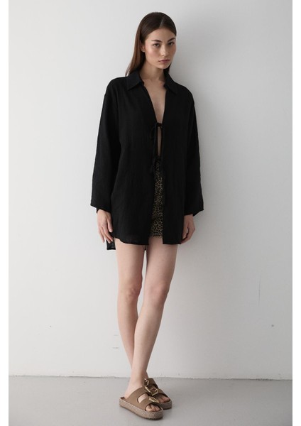 Siyah %100 Pamuk Keten Bağcık Detaylı Kimono Bluz
