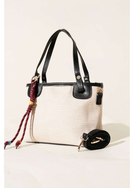 Hasır Dokulu charm hediyeli kadın el omuz çantası