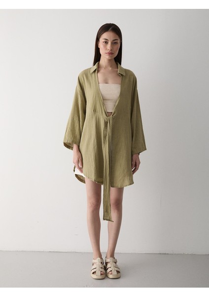 Kadın Pamuklu Haki Flam Keten Kimono