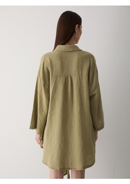 Kadın Pamuklu Haki Flam Keten Kimono