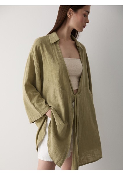 Kadın Pamuklu Haki Flam Keten Kimono