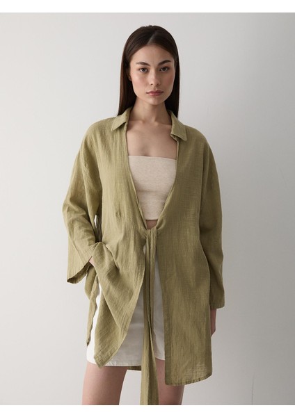 Kadın Pamuklu Haki Flam Keten Kimono