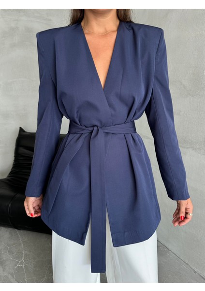Lacivert Elegant Kuşaklı Ceket