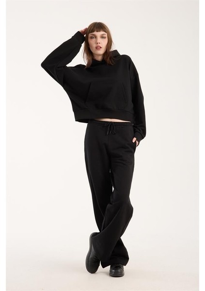 %100 Pamuk Kadın Kapüşonlu Cepli Sweatshirt + Pantolon Takımı (2 Parça)