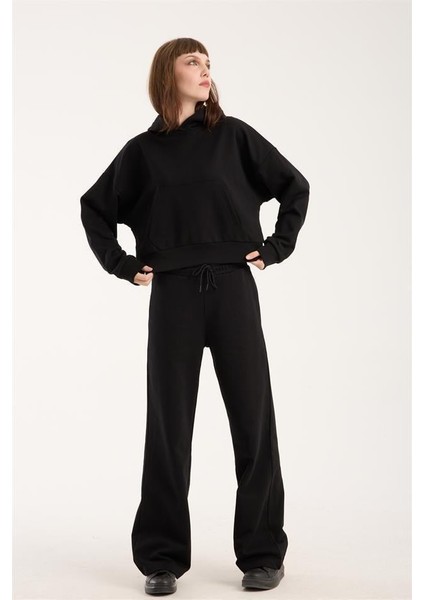 %100 Pamuk Kadın Kapüşonlu Cepli Sweatshirt + Pantolon Takımı (2 Parça) fırsatları