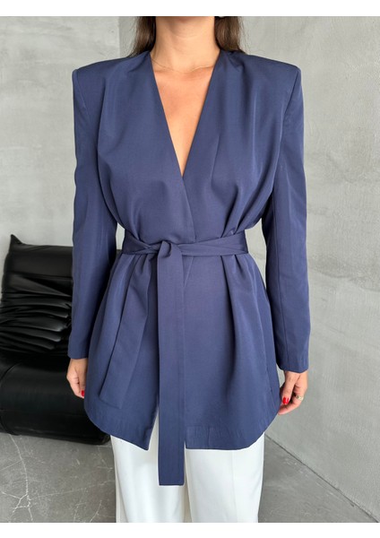 Lacivert Elegant Kuşaklı Ceket