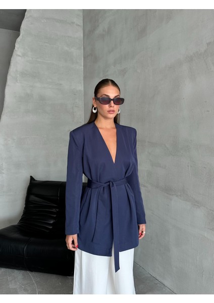 Lacivert Elegant Kuşaklı Ceket