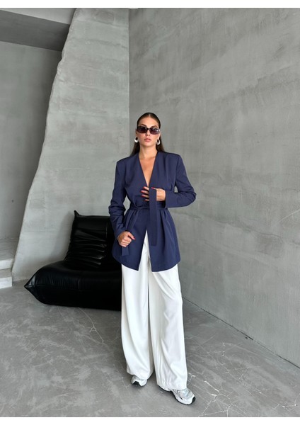 Lacivert Elegant Kuşaklı Ceket