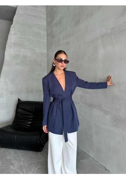Lacivert Elegant Kuşaklı Ceket