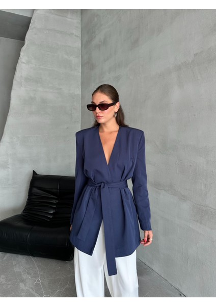 Lacivert Elegant Kuşaklı Ceket