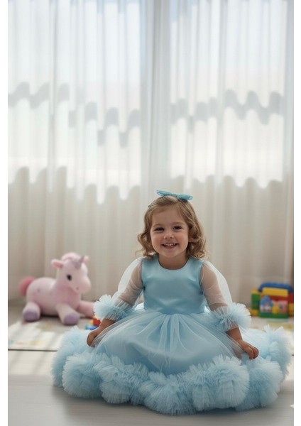 Kız Çocuk Elbise Fırfır Detay Uzun Kol Party Özel Gün Doğum Günü Elbise modelleri