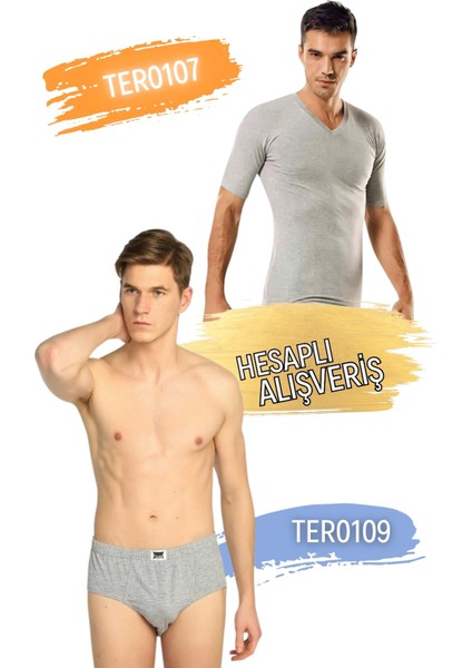 Erkek Pamuklu Ribana V Yaka Atlet ve Külot Takım 6'lı Set (12 Parça) TER0107 - TER0109