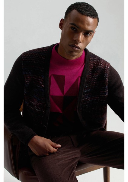 Merino Yün Etnik Desen Düğmeli Koyu Kahverengi Hırka