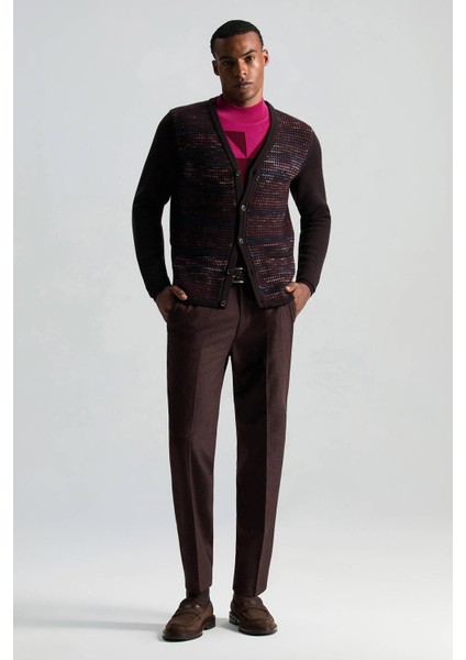 Merino Yün Etnik Desen Düğmeli Koyu Kahverengi Hırka modelleri