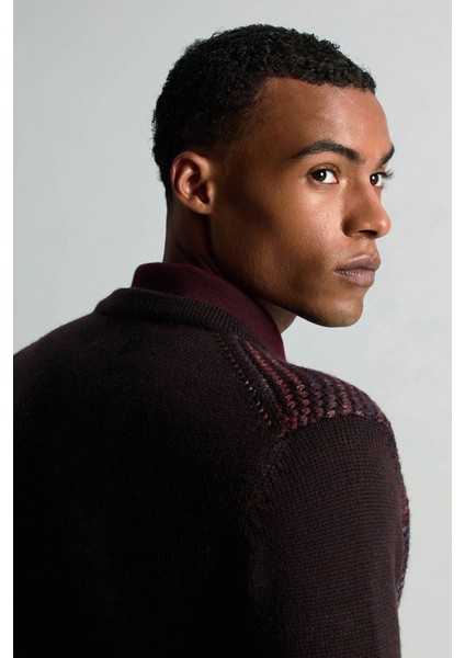 Merino Yün Etnik Desen Düğmeli Koyu Kahverengi Hırka indirimleri