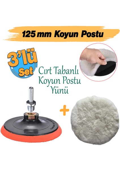 ( 3'lü Set) Koyun Postu Pedi Ø 125 mm + Cırt Taban + M14 Pasta Cila Polisaj Kuzu Postu Yünü Keçesi
