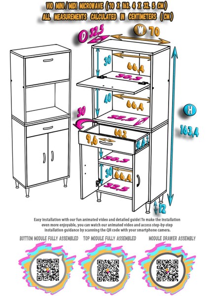 Vio (70X163,4X32.5 Cm) Çekmeceli, Kapaklı, Ekmeklikli. Mini/midi Mikrodalga Mutfak Dolabı