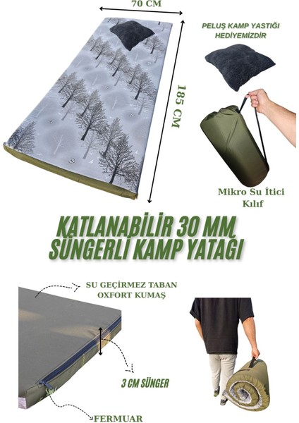 Katlanabilir Ekonomik Kamp Yatağı 30 mm Sünger Minder Taşınabilir Kılıf Çadır Mat 185X70X6 cm