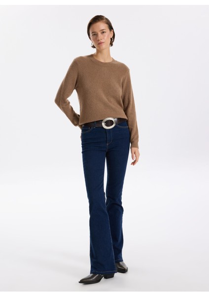 Yüksek Bel Geniş Paça Flare Koyu Indigo Kadın Denim Pantolon F5WL-PNT0193