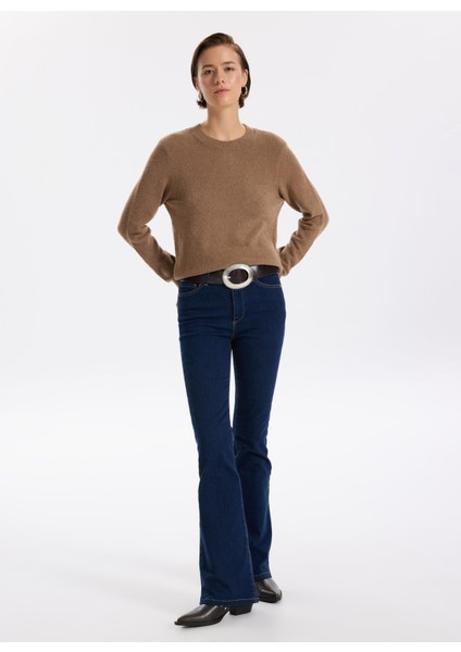 Yüksek Bel Geniş Paça Flare Koyu Indigo Kadın Denim Pantolon F5WL-PNT0193