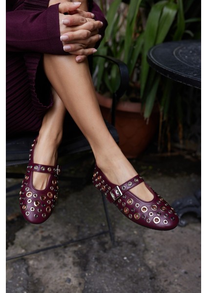 Mikel Kadın Bordo Gercek Deri Kapsul Detay Babet