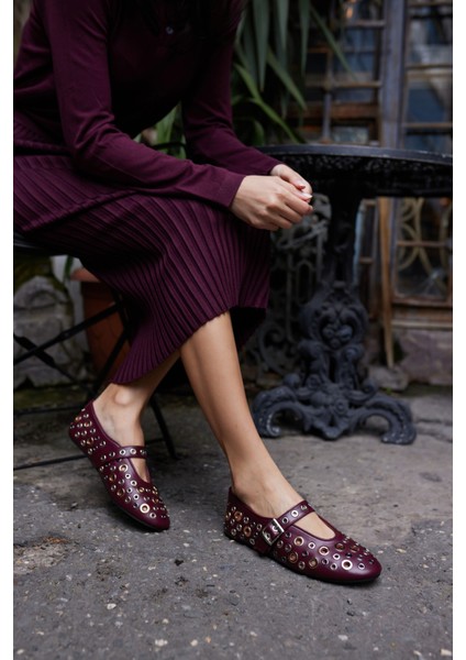 Mikel Kadın Bordo Gercek Deri Kapsul Detay Babet modelleri