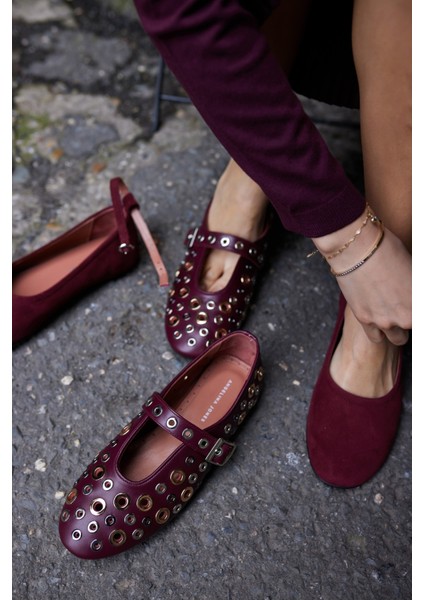 Mikel Kadın Bordo Gercek Deri Kapsul Detay Babet