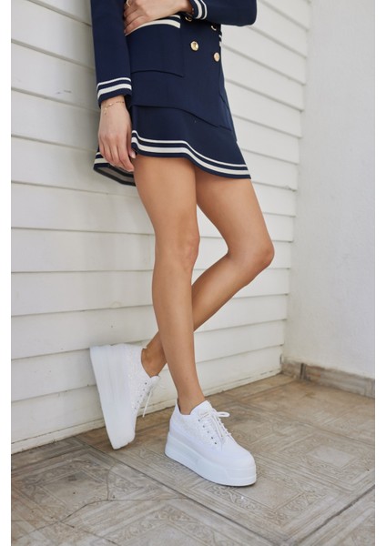 Vardy Kadın Beyaz Pullu Bagcıklı Dolgu Topuklu Gelın ve Gunluk Kullanım Uygun