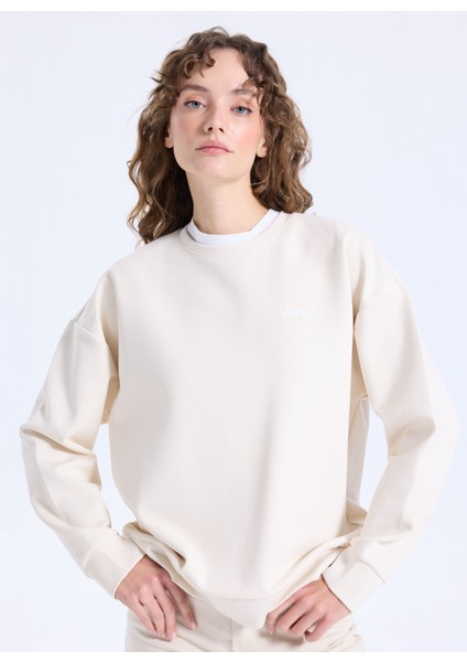 Bisiklet Yaka Baskılı Bej Kadın Sweatshırt J5WL-SWT7089