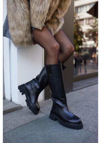 Zelly Kadın Siyah Gercek Deri Eva Taban Çizme