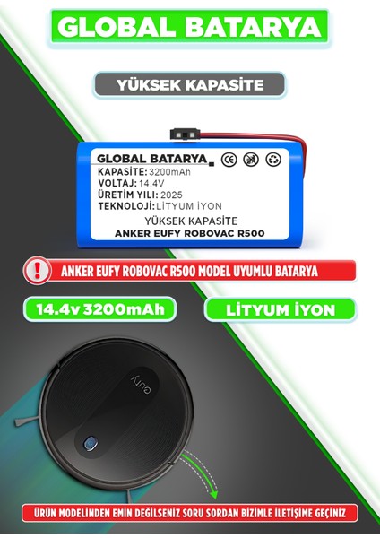 Anker Eufy Robovac R500 Uyumlu Akıllı Robot Süpürge Bataryası 14.4V 3200mAh Li-Ion Pil (Yüksek Kapasite)