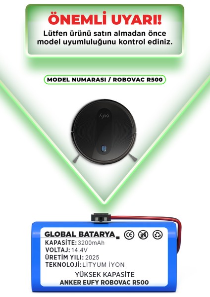 Anker Eufy Robovac R500 Uyumlu Akıllı Robot Süpürge Bataryası 14.4V 3200mAh Li-Ion Pil (Yüksek Kapasite) indirimleri