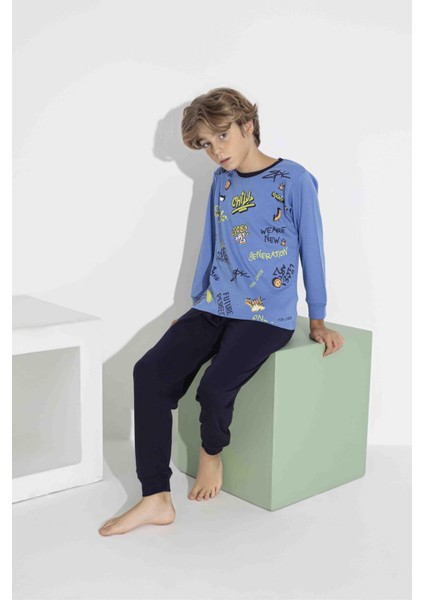 Erkek Çocuk Renkli Baskılı Uzun Kol Pijama Takımı - Interlok Kumaş 7413M modelleri