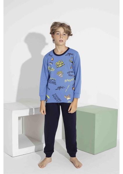 Erkek Çocuk Renkli Baskılı Uzun Kol Pijama Takımı - Interlok Kumaş 7413M fırsatları