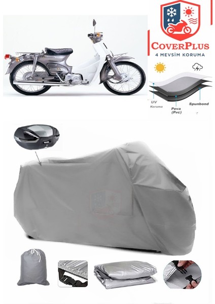 Honda C70 Super Cub Arka Çanta Uyumlu (Gri) Motorsiket Brandası Motor Örtüsü Çadır Su Geçirmez Motosiklet Kılıfı Motor Brandası