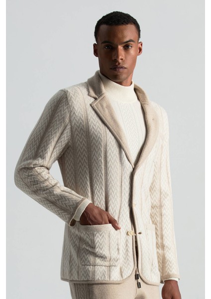 Kaşmir-Ipek-Yün Karışım M Desenli Açık Bej Triko Blazer Ceket