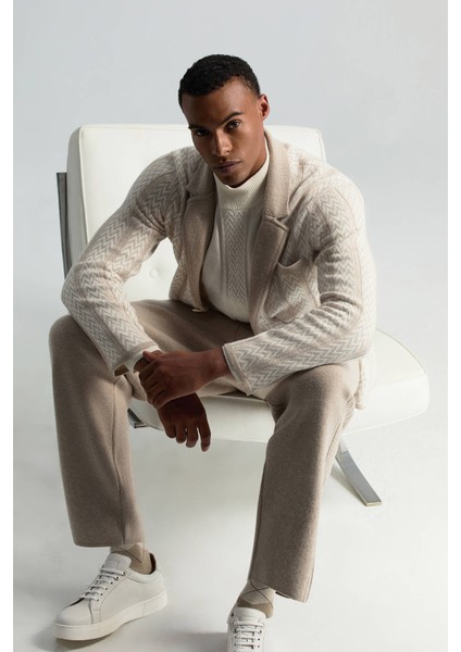 Kaşmir-Ipek-Yün Karışım M Desenli Açık Bej Triko Blazer Ceket modelleri